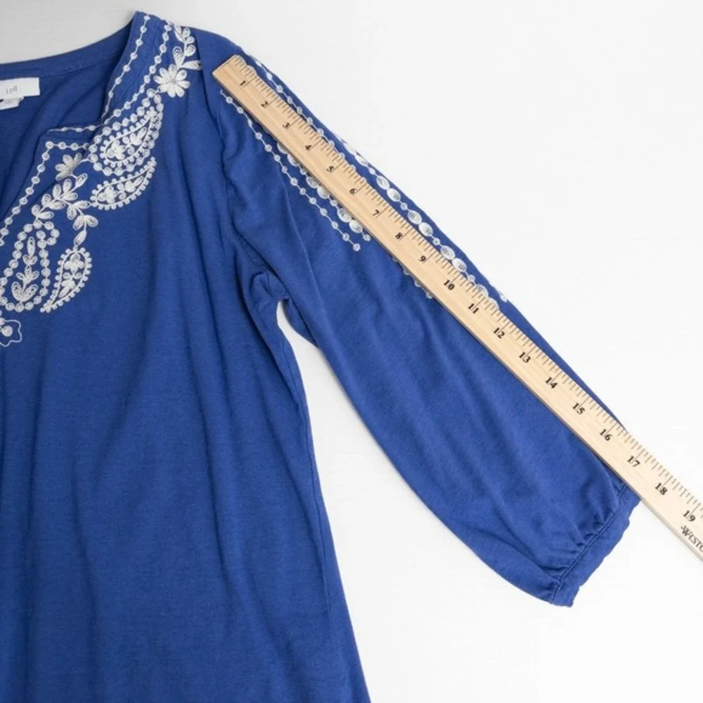 J Jill‎ Embroidered 3/4 Sleeve Tunic Top Petite Large Blue Boho Coastal Beach - Picture 5 of 16